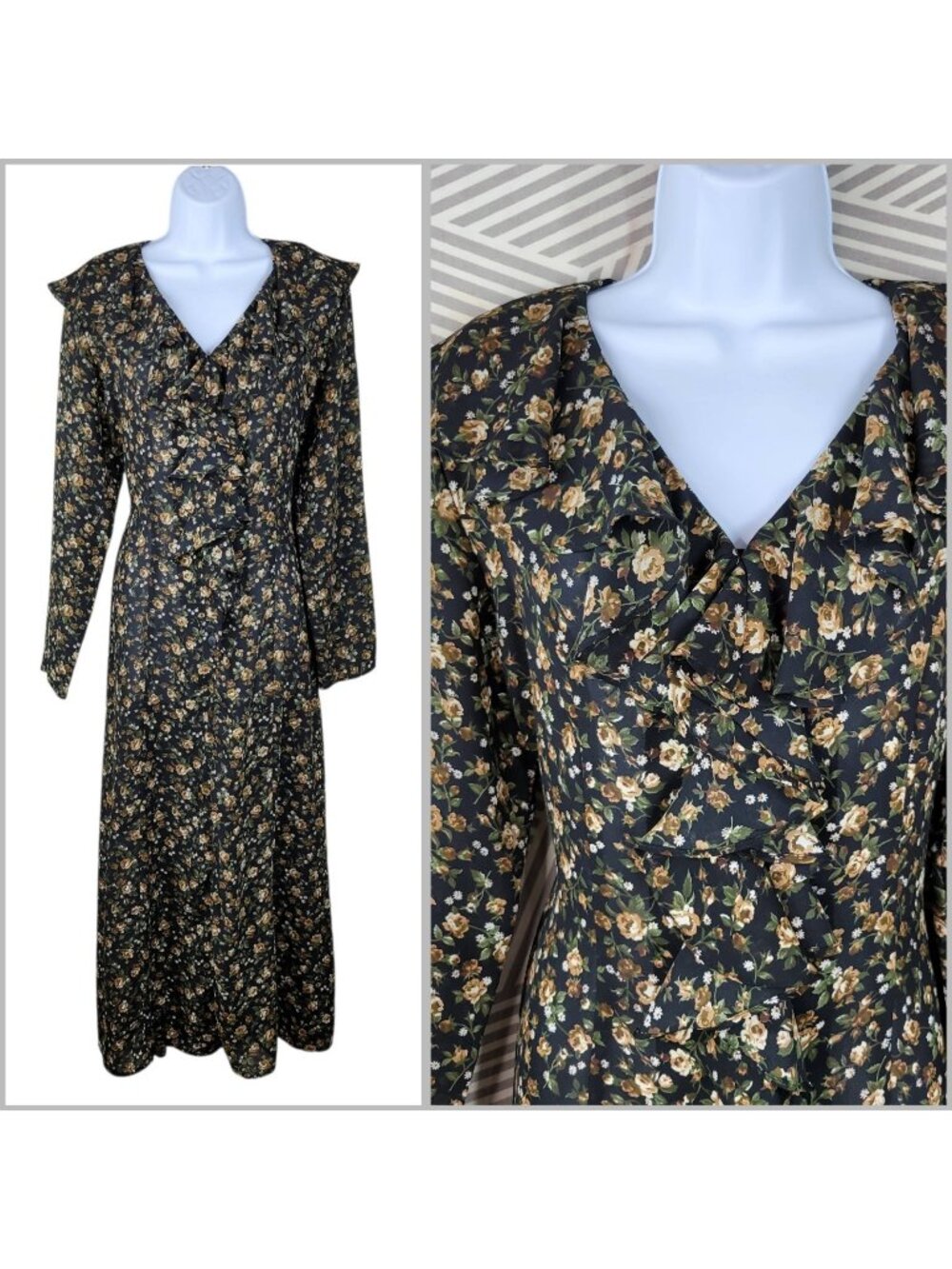 Ruffle Collar Maxi Shirt Dress Floral Size 10/12 Semi-sheer Rose Vintage Alt